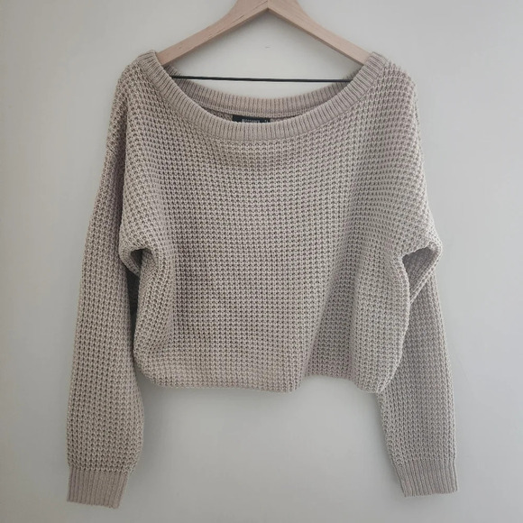 NWT Missguided | Off The Shoulder Waffle Knit Jumper Sweater in Stone - Size 6/8 - Picture 3 of 9